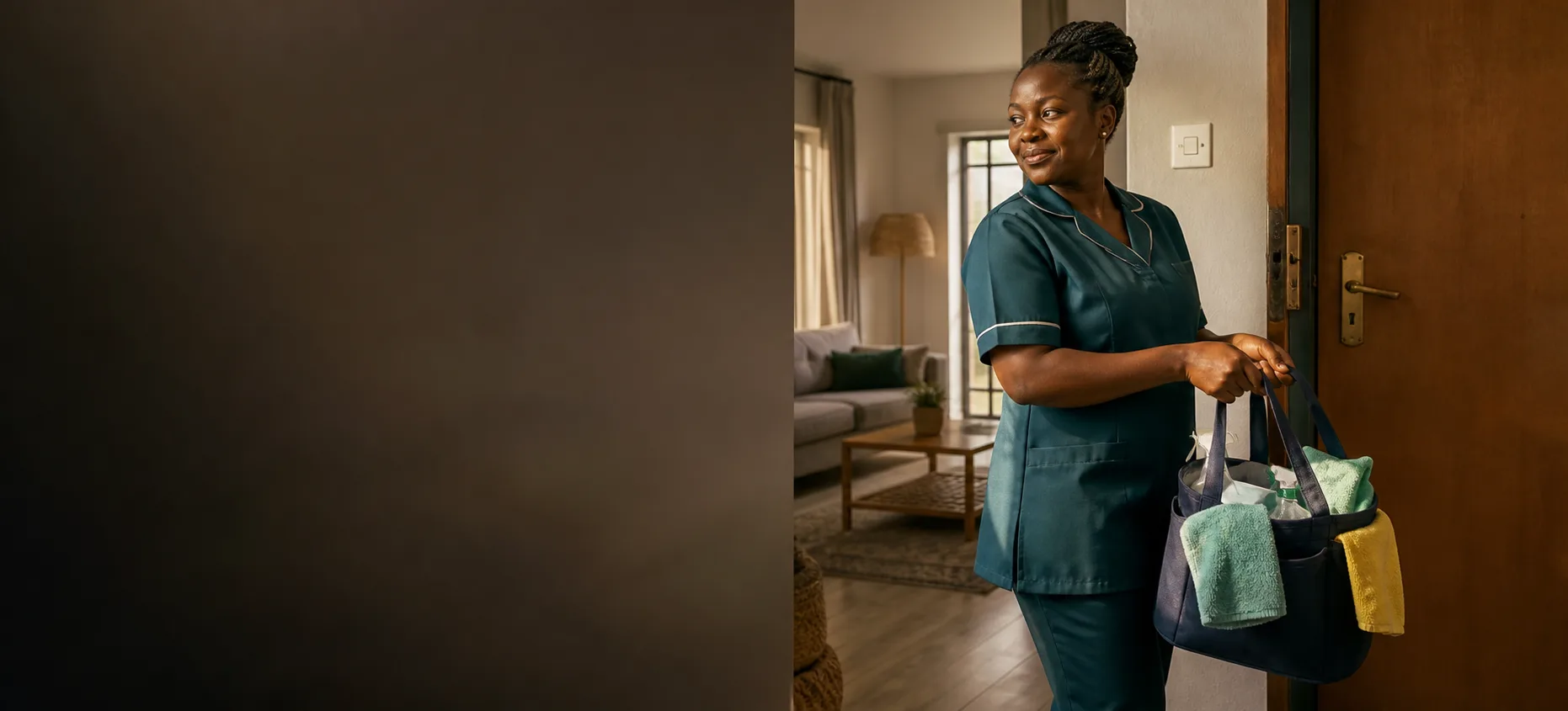 A cleaning professional leaving a completed job with quiet pride
